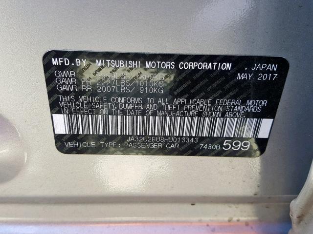 JA32U2FU8HU013343 - 2017 MITSUBISHI LANCER ES SILVER photo 10