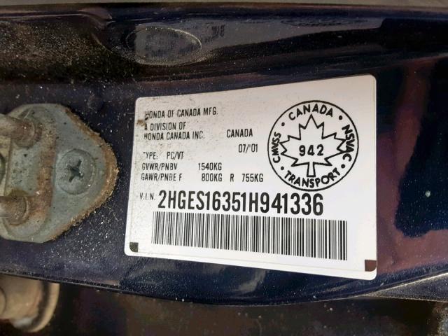 2HGES16351H941336 - 2001 HONDA CIVIC DX BLUE photo 10