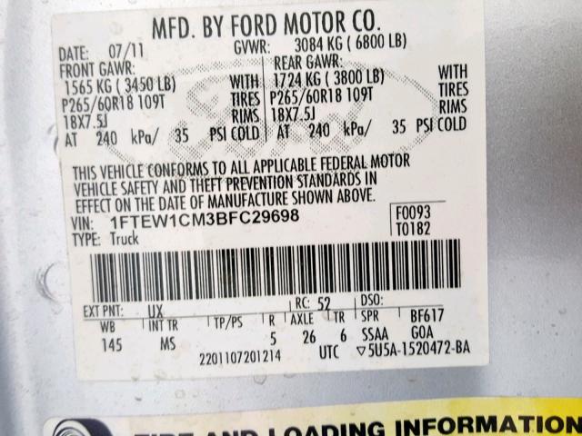 1FTEW1CM3BFC29698 - 2011 FORD F150 SUPER SILVER photo 10