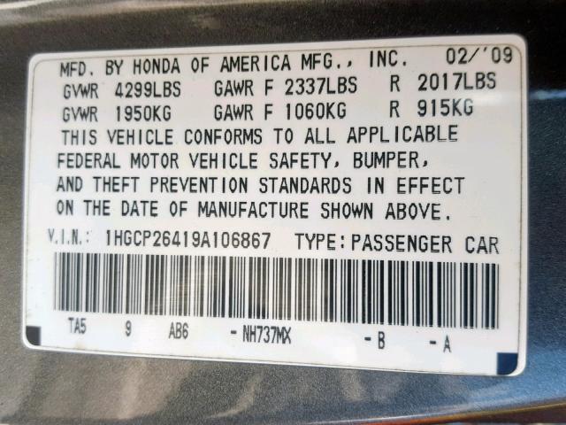 1HGCP26419A106867 - 2009 HONDA ACCORD LXP BLACK photo 10