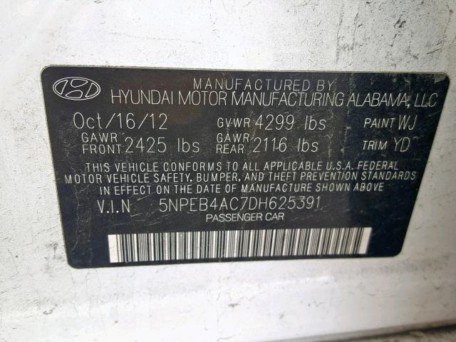 5NPEB4AC7DH625391 - 2013 HYUNDAI SONATA GLS WHITE photo 10