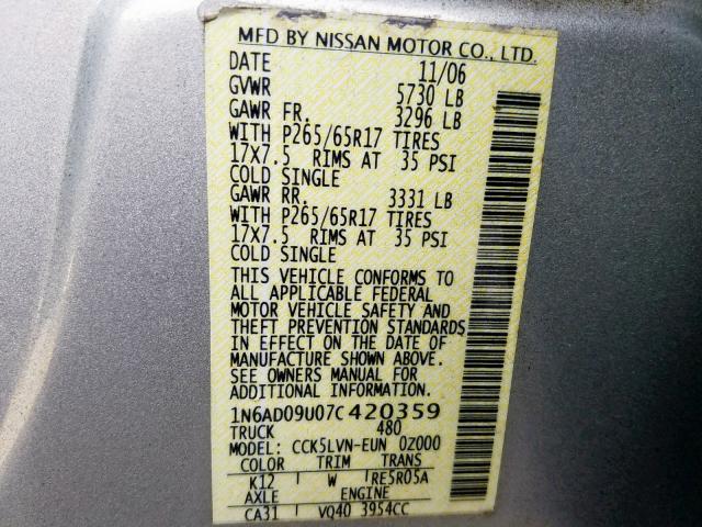 1N6AD09U07C420359 - 2007 NISSAN FRONTIER C SILVER photo 10