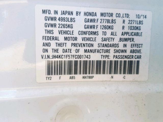 JH4KC1F57FC001743 - 2015 ACURA RLX TECH WHITE photo 10