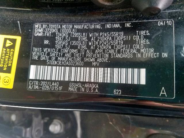 5TDDK3EH2AS023600 - 2010 TOYOTA HIGHLANDER BLACK photo 10