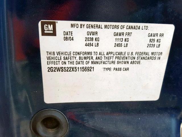 2G2WS522X51156921 - 2005 PONTIAC GRAND PRIX BLUE photo 10