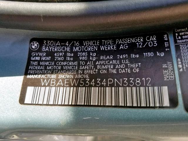 WBAEW53434PN33812 - 2004 BMW 330 XI BLUE photo 10