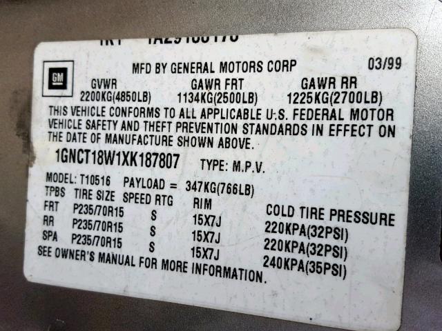 1GNCT18W1XK187807 - 1999 CHEVROLET BLAZER TAN photo 10