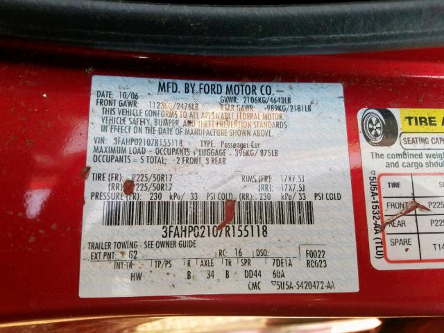 3FAHP02107R155118 - 2007 FORD FUSION SEL RED photo 10