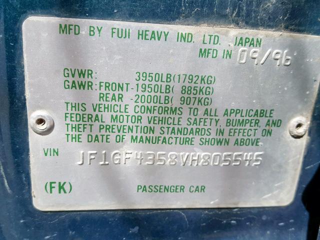 JF1GF4358VH805545 - 1997 SUBARU IMPREZA L GREEN photo 10