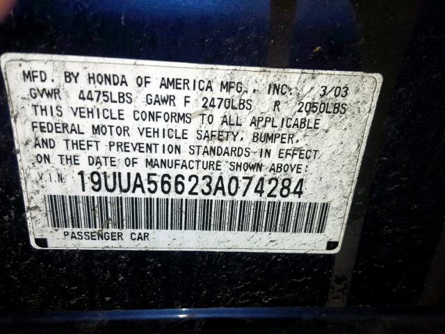 19UUA56623A074284 - 2003 ACURA 3.2TL BLUE photo 10