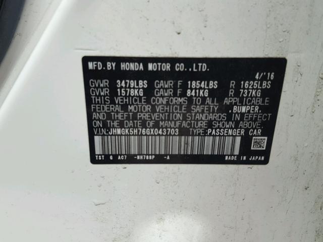 JHMGK5H76GX043703 - 2016 HONDA FIT EX WHITE photo 10