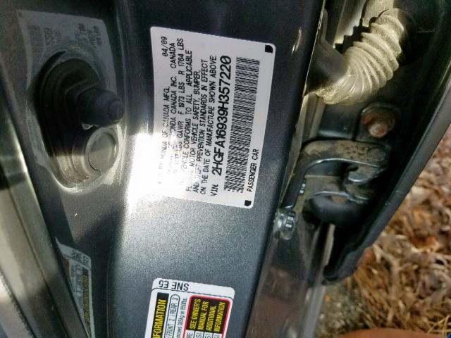2HGFA16939H357220 - 2009 HONDA CIVIC EXL 灰色 照片 10