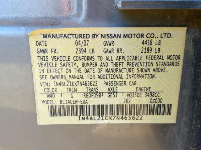 1N4BL21EX7N465622 - 2007 NISSAN ALTIMA 3.5 GRAY photo 10