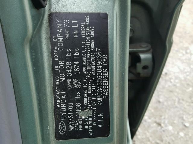 KMHCG45C63U496367 - 2003 HYUNDAI ACCENT GL GREEN photo 10