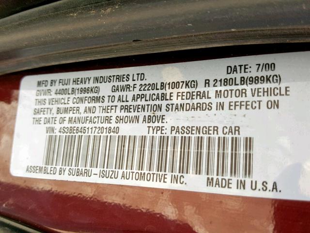 4S3BE645117201840 - 2001 SUBARU LEGACY GT MAROON photo 10