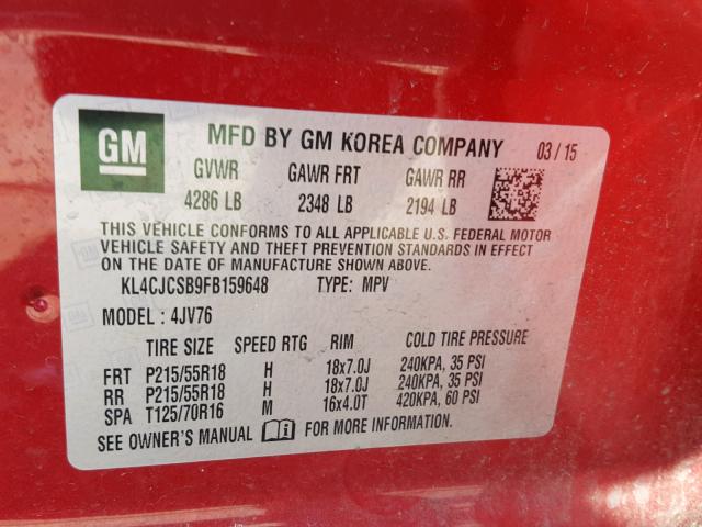 KL4CJCSB9FB159648 - 2015 BUICK ENCORE RED photo 10