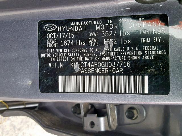 KMHCT4AE0GU037716 - 2016 HYUNDAI ACCENT SE GRAY photo 10