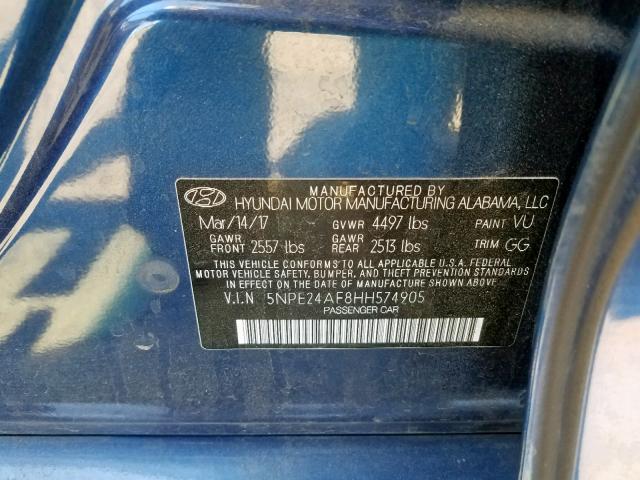 5NPE24AF8HH574905 - 2017 HYUNDAI SONATA SE BLUE photo 10