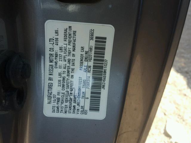 JNKCV64E68M110237 - 2008 INFINITI G37 BASE GRAY photo 10