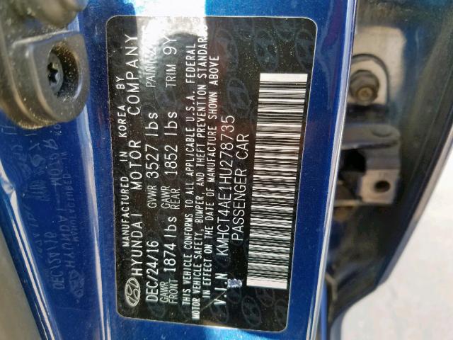 KMHCT4AE1HU278735 - 2017 HYUNDAI ACCENT SE BLUE photo 10