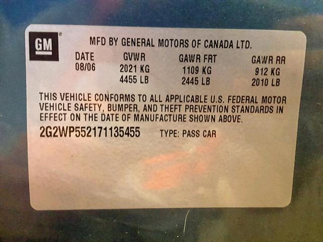 2G2WP552171135455 - 2007 PONTIAC GRAND PRIX TEAL photo 10