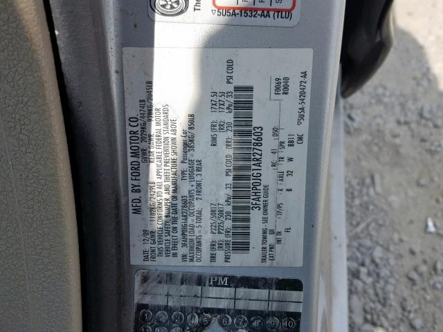 3FAHP0JG1AR278603 - 2010 FORD FUSION SEL SILVER photo 10