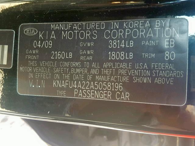 KNAFU4A22A5058196 - 2010 KIA FORTE EX BLACK photo 10