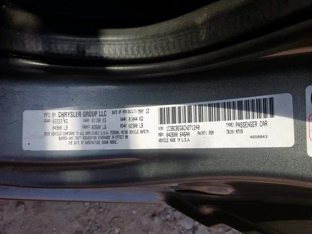 1C3BCBEG6CN271240 - 2012 CHRYSLER 200 TOURIN GRAY photo 10