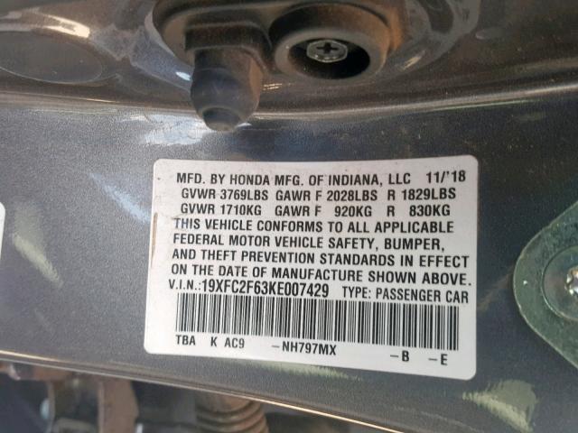 19XFC2F63KE007429 - 2019 HONDA CIVIC LX CHARCOAL photo 10