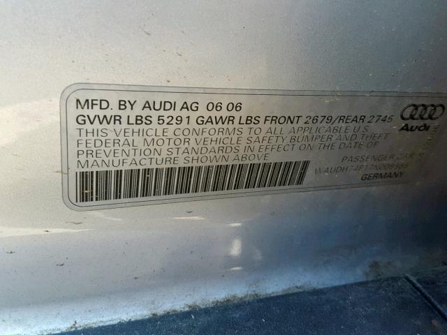 WAUDH74F17N009995 - 2007 AUDI A6 3.2 QUA SILVER photo 10