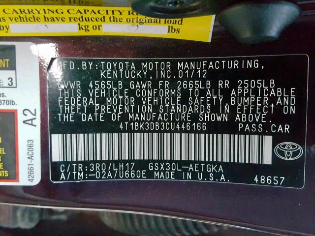 4T1BK3DB3CU446166 - 2012 TOYOTA AVALON BAS BURGUNDY photo 10