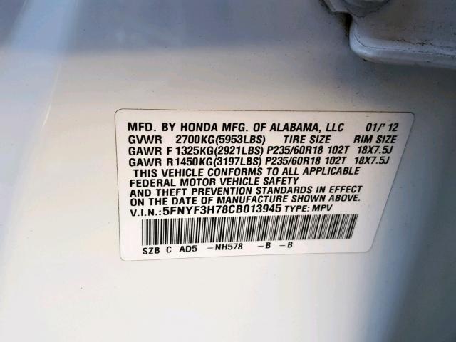 5FNYF3H78CB013945 - 2012 HONDA PILOT EXLN WHITE photo 10