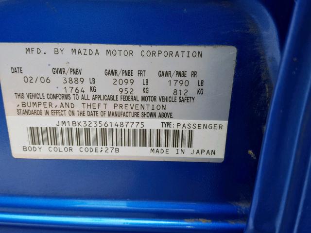 JM1BK323561487775 - 2006 MAZDA 3 S BLUE photo 10