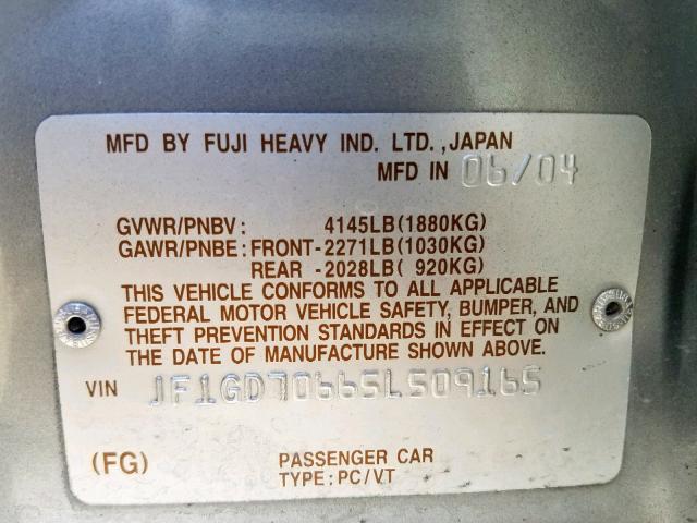 JF1GD70665L509165 - 2005 SUBARU IMPREZA WR GRAY photo 10