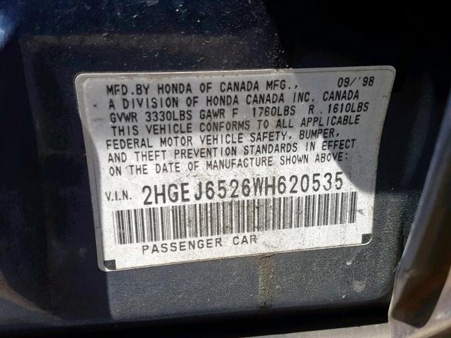 2HGEJ6526WH620535 - 1998 HONDA CIVIC DX BLUE photo 10