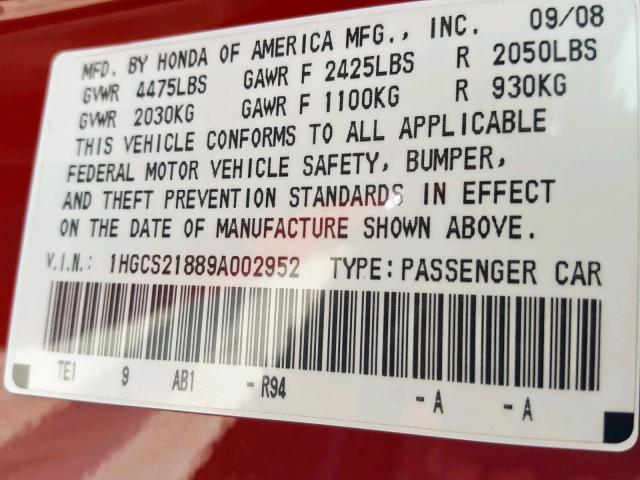 1HGCS21889A002952 - 2009 HONDA ACCORD EXL RED photo 10