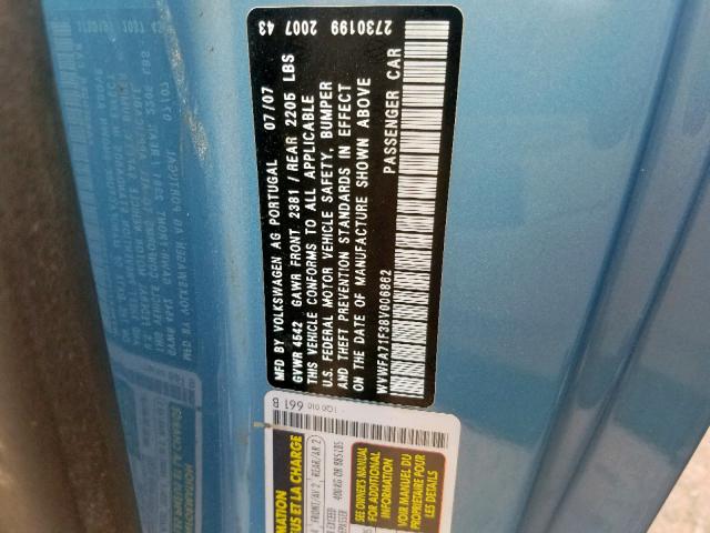 WVWFA71F38V006862 - 2008 VOLKSWAGEN EOS LUX Синій фото 10