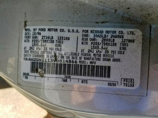 4N2DN1113VD814866 - 1997 NISSAN QUEST XE SILVER photo 10