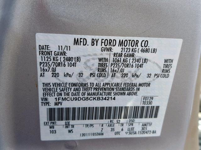 1FMCU9DG5CKB34214 - 2012 FORD ESCAPE XLT SILVER photo 10