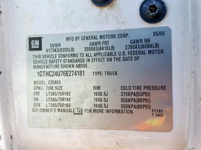 1GTHC24U76E274181 - 2006 GMC SIERRA C25 WHITE photo 10