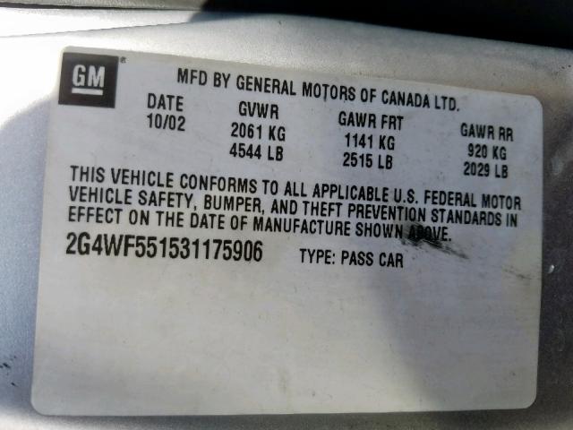 2G4WF551531175906 - 2003 BUICK REGAL GS SILVER photo 10