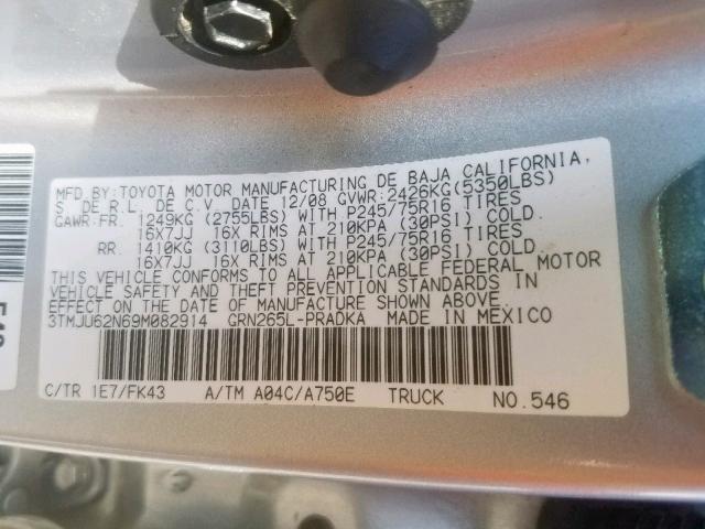 3TMJU62N69M082914 - 2009 TOYOTA TACOMA DOU SILVER photo 10