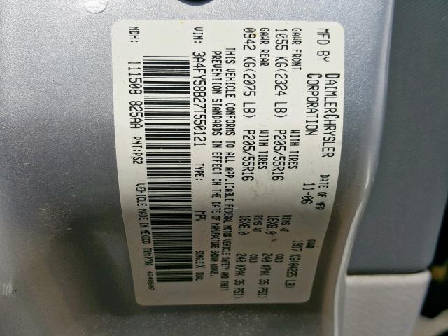 3A4FY58B27T550121 - 2007 CHRYSLER PT CRUISER SILVER photo 10