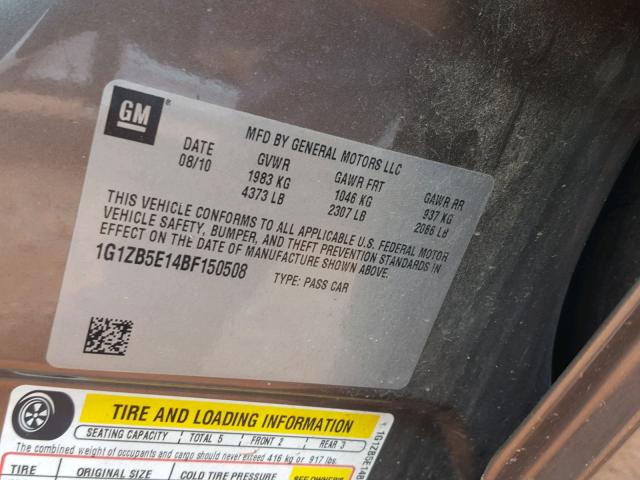 1G1ZB5E14BF150508 - 2011 CHEVROLET MALIBU LS ყავისფერი ფოტო 10