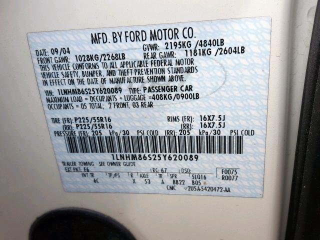 1LNHM86S25Y620089 - 2005 LINCOLN LS 白色 照片 10