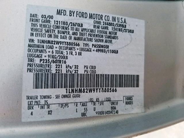 1LNHM82W9YY880566 - 2000 LINCOLN TOWN CAR S SILVER photo 10