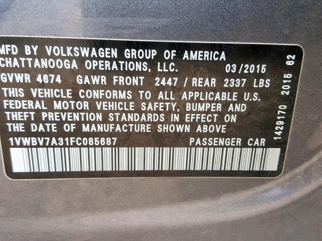 1VWBV7A31FC085687 - 2015 VOLKSWAGEN PASSAT SE GRAY photo 10