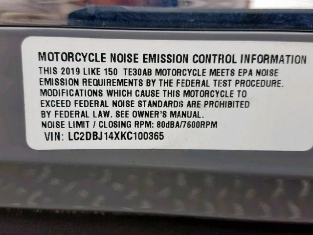 LC2DBJ14XKC100365 - 2019 KYMCO USA INC LIKE 150 GRAY photo 10