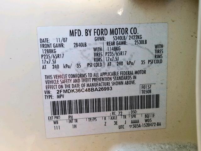 2FMDK36C48BA26993 - 2008 FORD EDGE SE CREAM photo 10