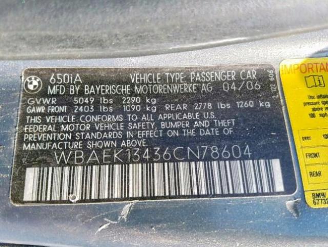 WBAEK13436CN78604 - 2006 BMW 650 I GRAY photo 10